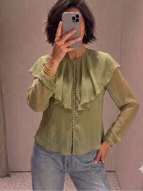 SHEIN Olive Green Ruffle Button-Front Blouse